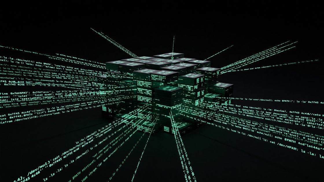 Abstract rendering of terminal command lines flowing into stacked encrypted data blocks