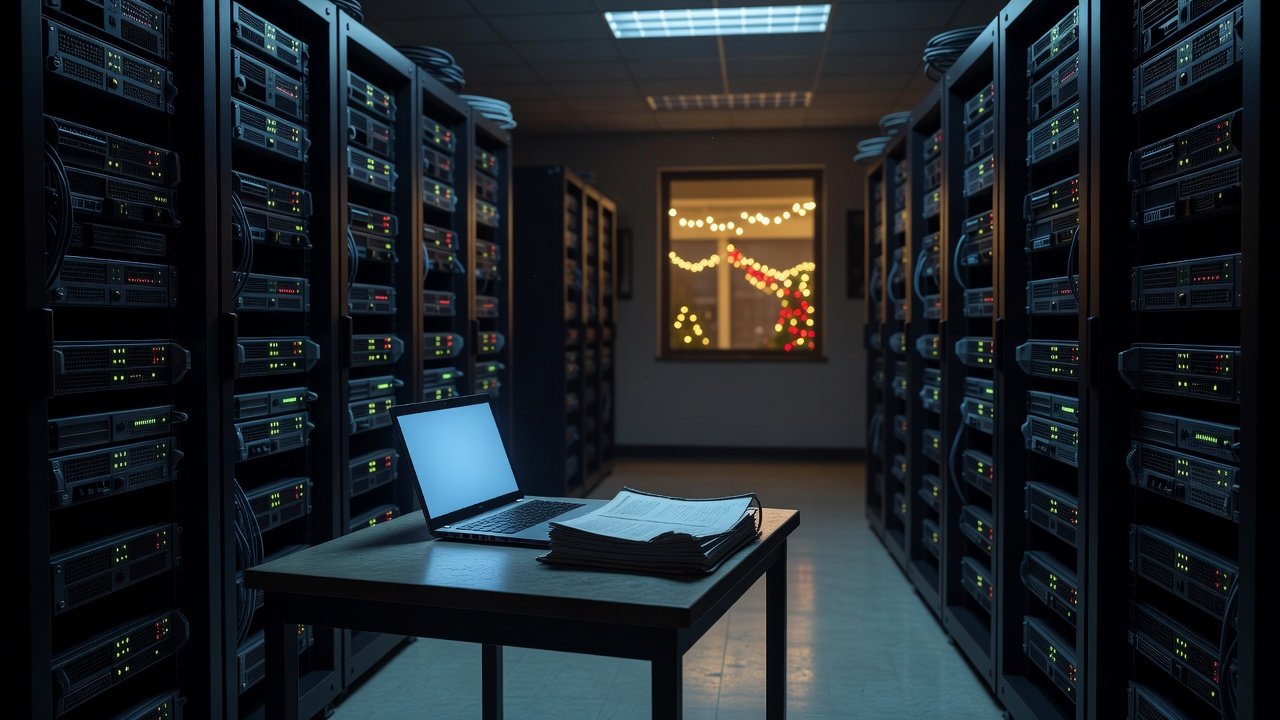 Dim server room with a laptop and printed runbook binder on a table and holiday lights glowing in a window
