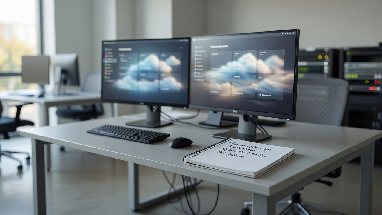 Two monitors showing cloud application dashboards on an IT operations desk beside a server rack